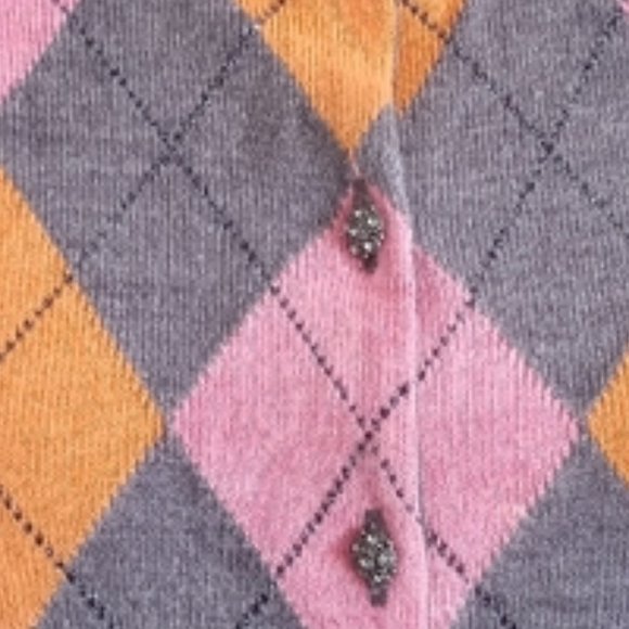 Argyle Cardigan Sweater Metal Buttons L Gray Multi Fancy - Picture 8 of 9